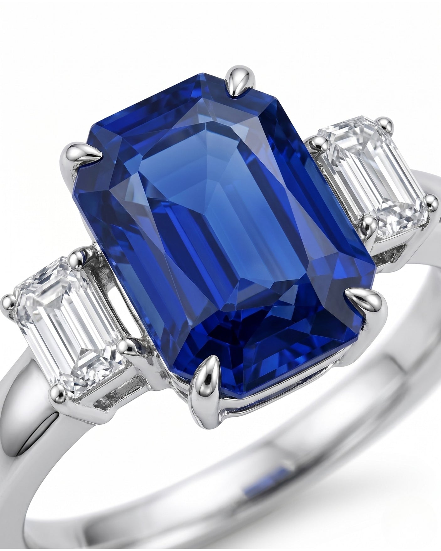 Luxury emerald cut sapphire ring with diamond accents in 18K white gold - SARATTI