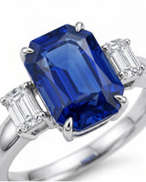 Luxury emerald cut sapphire ring with diamond accents in 18K white gold - SARATTI