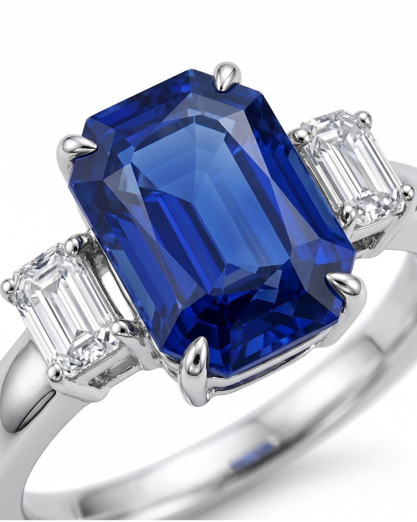 Luxury emerald cut sapphire ring with diamond accents in 18K white gold - SARATTI