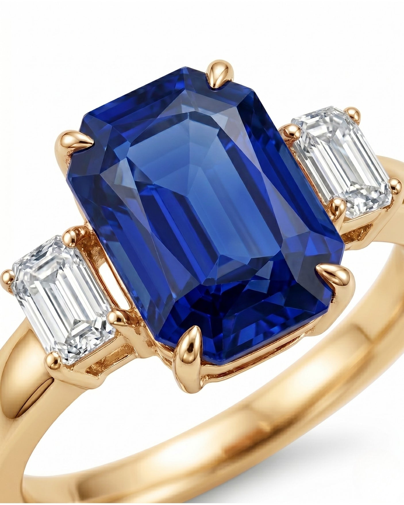 Luxury emerald cut sapphire ring with diamond accents in 18K yellow gold - SARATTI