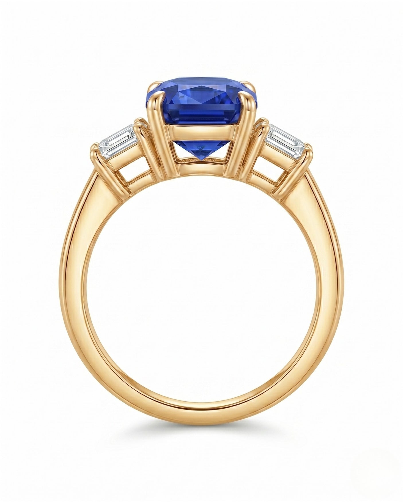 Luxury emerald cut sapphire ring with diamond accents in 18K yellow gold | SARATTI