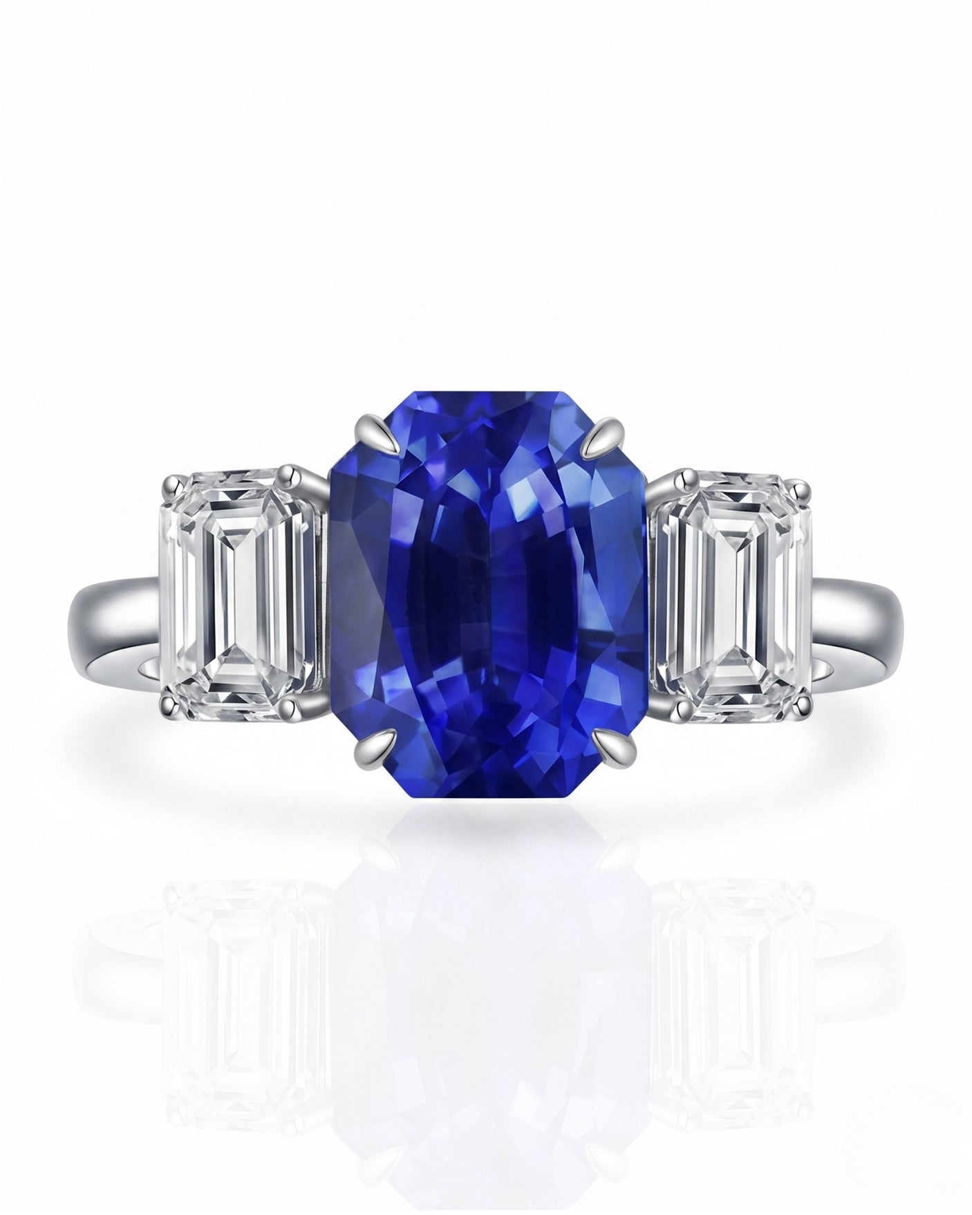 Luxury emerald cut sapphire statement ring with diamond accents in 18K white gold -- SARATTI