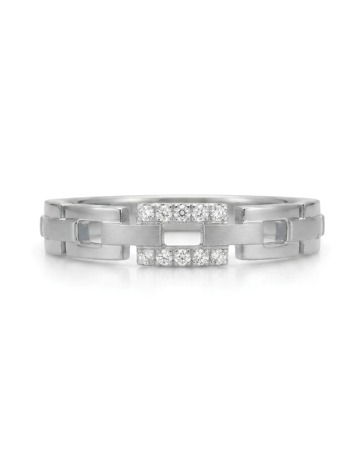 Luxury geometric chain diamond ring with contemporary link design in luminous 18K white gold | SARATTI