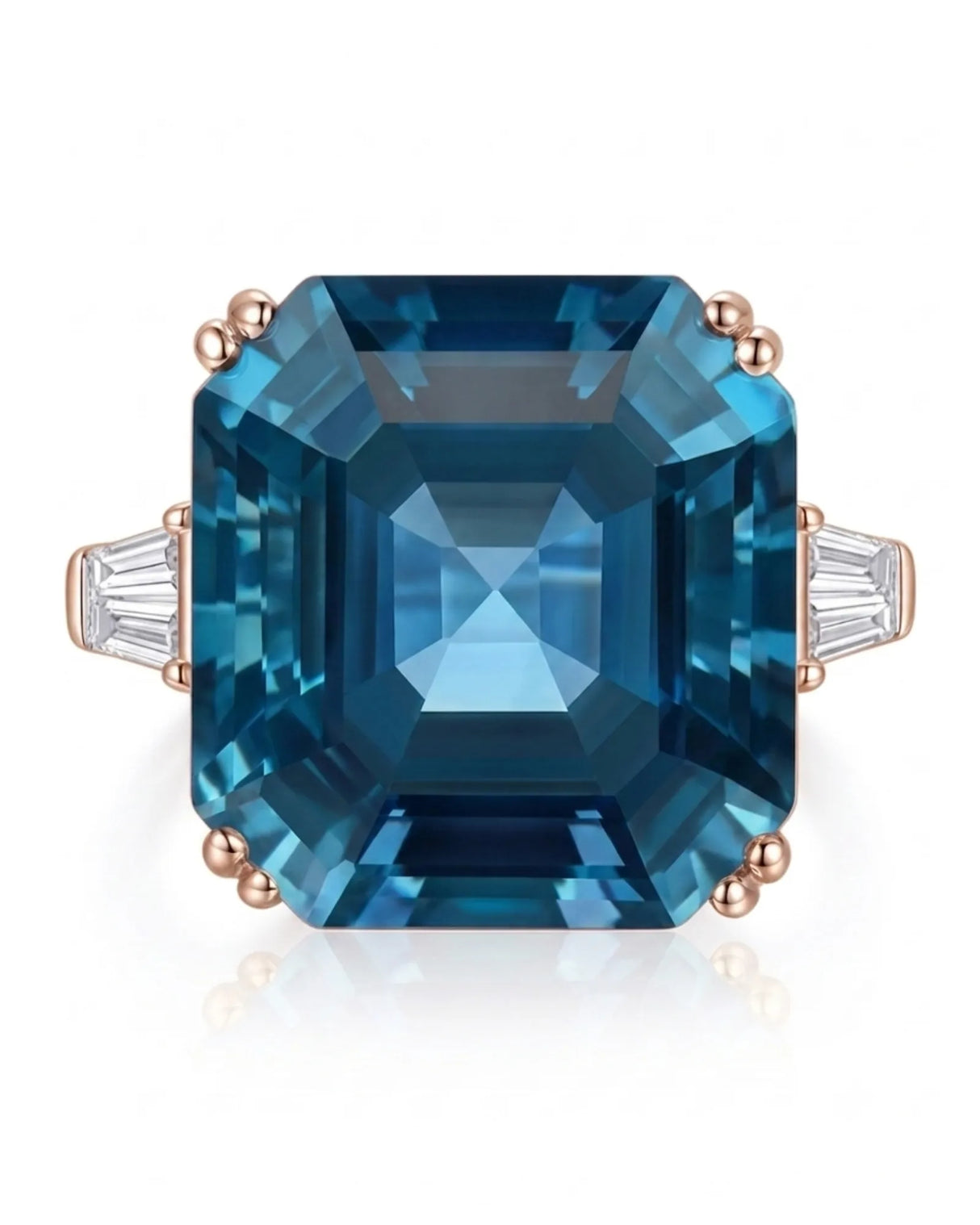 Luxury geometric topaz statement ring with diamond side stones in polished 18K rose gold | SARATTI