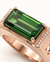 Luxury green tourmaline and diamond engagement ring in rose gold with architectural design | SARATTI