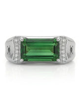 Luxury green tourmaline and diamond engagement ring in yellow gold with architectural design | SARATTI