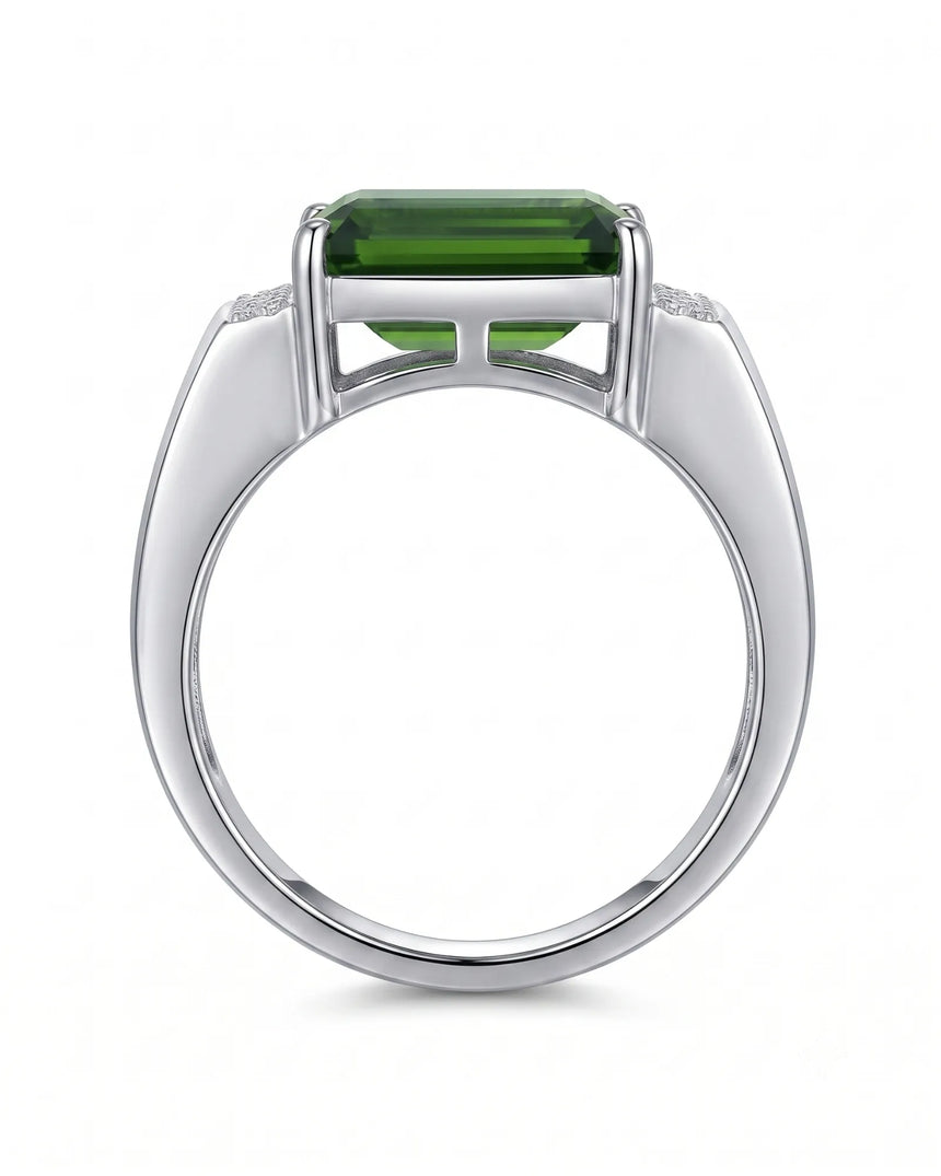 Luxury green tourmaline and diamond ring in white gold with architectural signet design - SARATTI