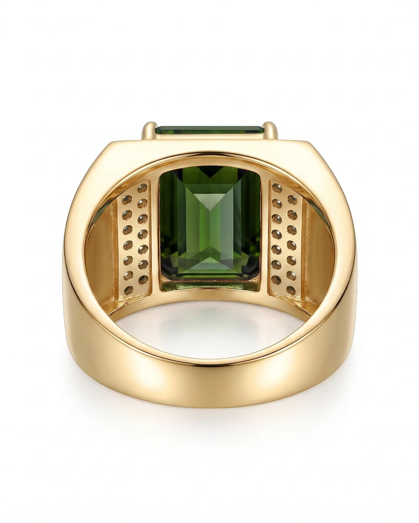 Luxury green tourmaline and diamond ring in yellow gold with architectural signet design - SARATTI
