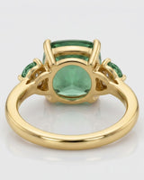 Luxury green tourmaline and diamond ring in yellow gold with romantic three-stone design | SARATTI