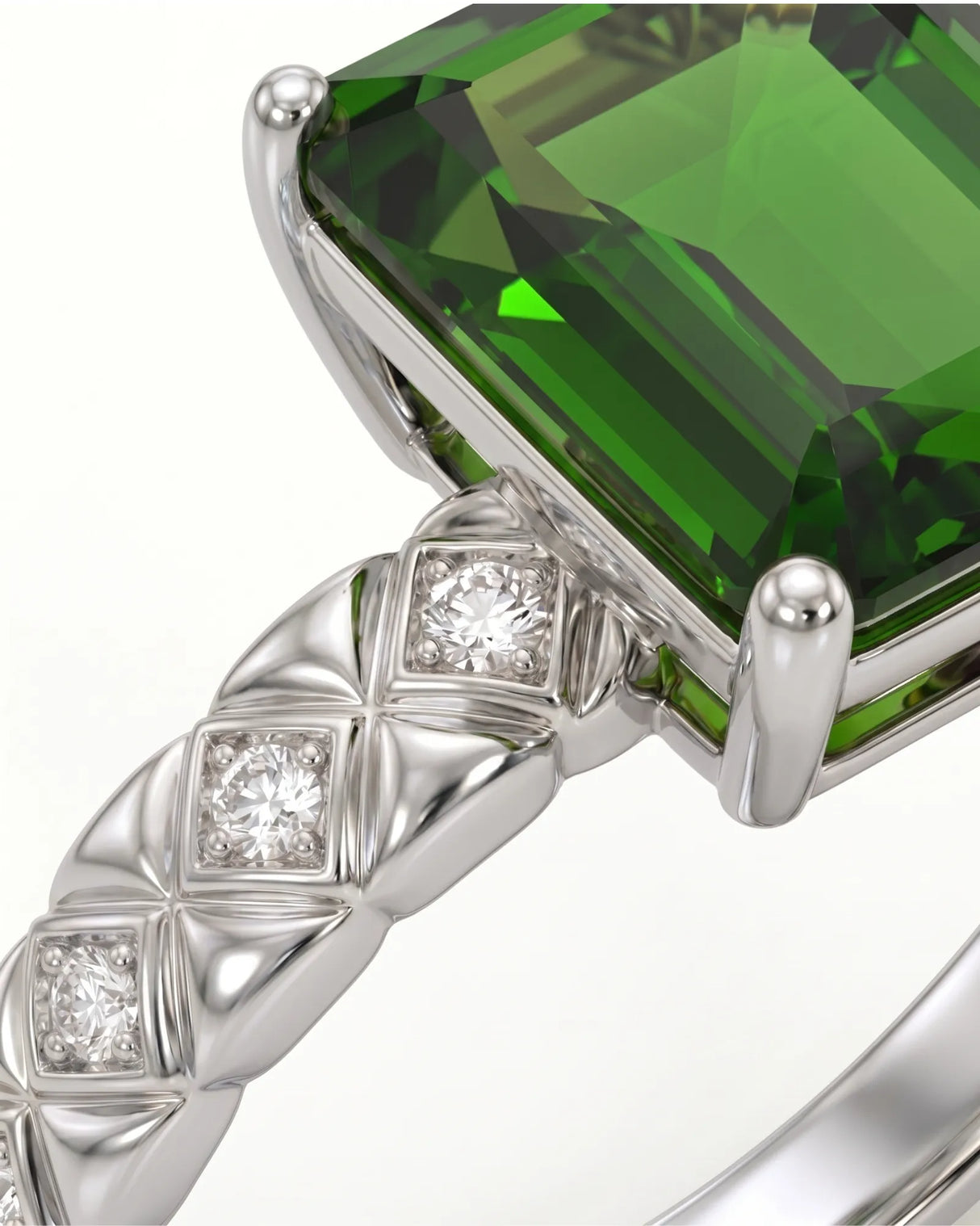 Luxury green tourmaline ring with diamond-set geometric band in platinum | SARATTI
