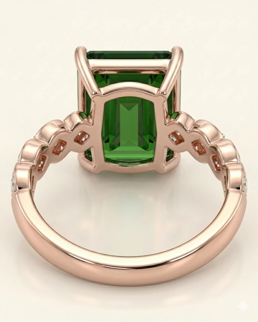 Luxury green tourmaline ring with diamond-set geometric band in rose gold | SARATTI