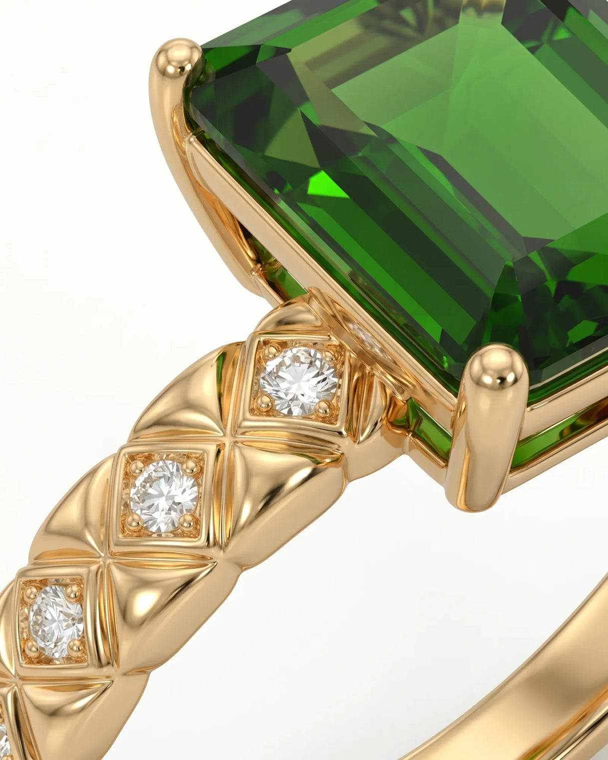 Luxury green tourmaline ring with diamond-set geometric band in yellow gold | SARATTI