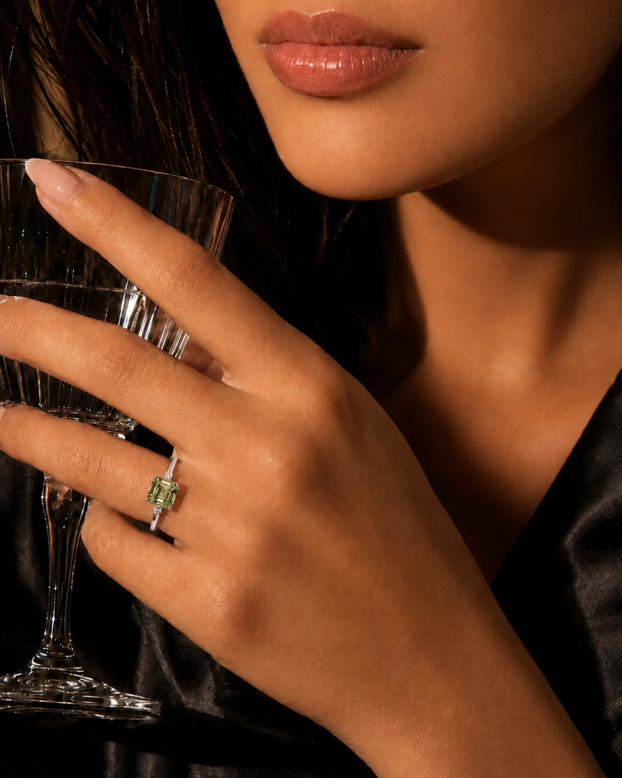 Luxury green tourmaline trilogy ring with natural diamonds in platinum - SARATTI