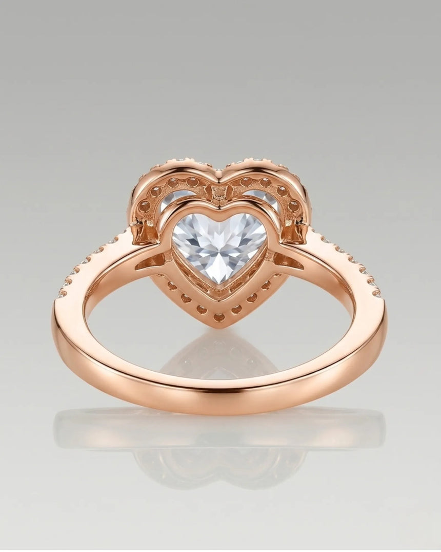 Luxury heart moissanite engagement ring with brilliant halo and refined 18K rose gold craftsmanship - SARATTI