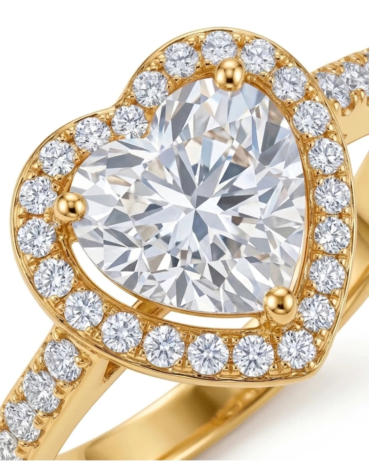 Luxury heart moissanite engagement ring with brilliant halo and rich 18K yellow gold craftsmanship | SARATTI