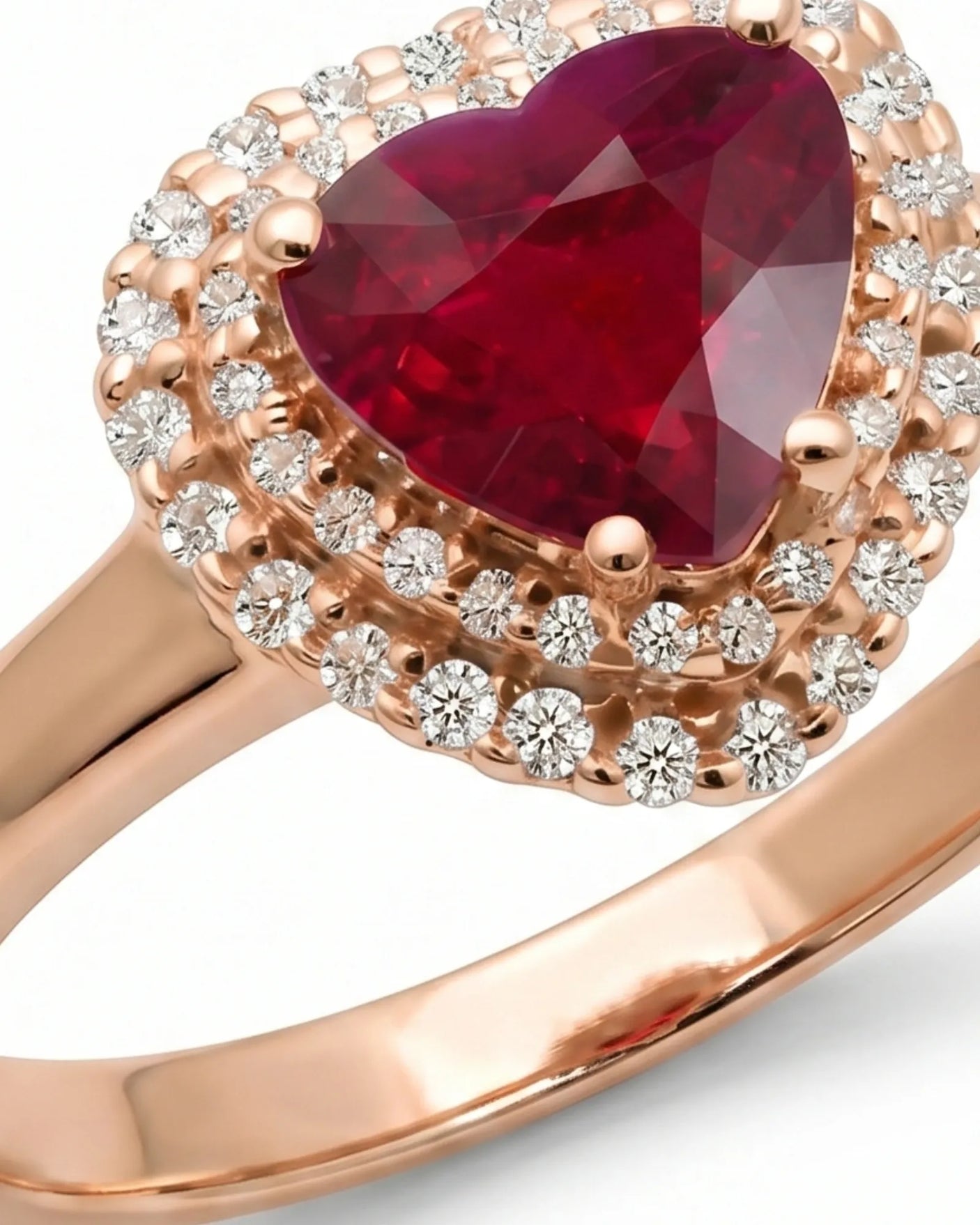Luxury heart shaped ruby ring with double halo in refined rose gold | SARATTI