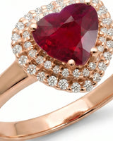 Luxury heart shaped ruby ring with double halo in refined rose gold | SARATTI