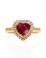 Luxury heart shaped ruby ring with double halo in refined yellow gold | SARATTI