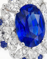 Luxury high jewelry sapphire ring with floral diamond crown in 18K white gold - SARATTI
