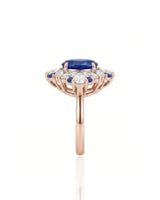 Luxury high jewelry sapphire ring with romantic diamond crown in 18K rose gold | SARATTI