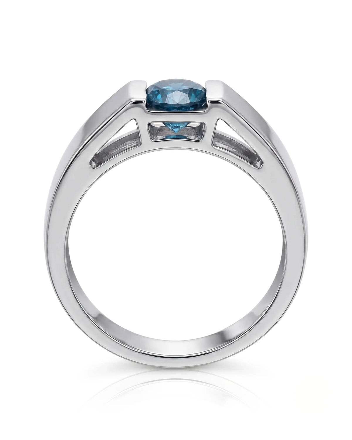 Luxury men’s ring with round blue diamond and substantial architectural band in 18K white gold - SARATTI