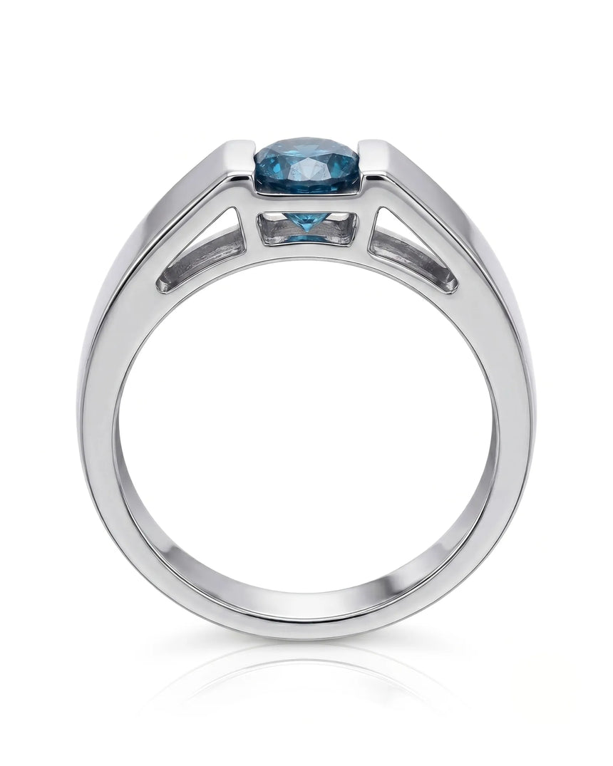 Luxury men’s ring with round blue diamond and substantial architectural band in 18K white gold - SARATTI