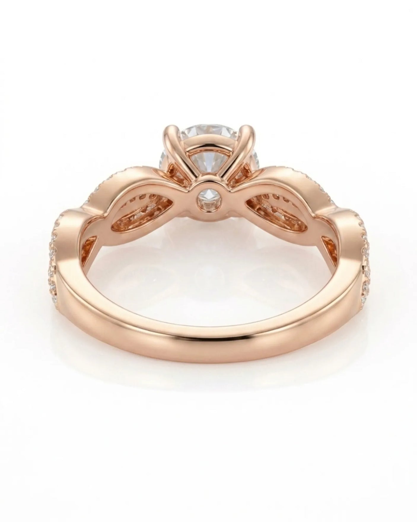 Luxury moissanite solitaire ring with interwoven pavé detailing and 18K rose gold craftsmanship - SARATTI