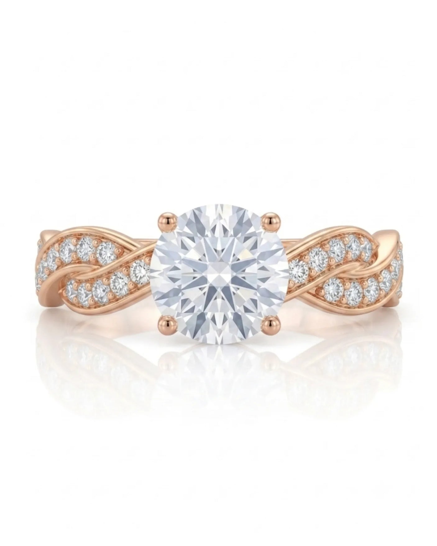 Luxury moissanite solitaire ring with interwoven pavé detailing and 18K rose gold craftsmanship | SARATTI
