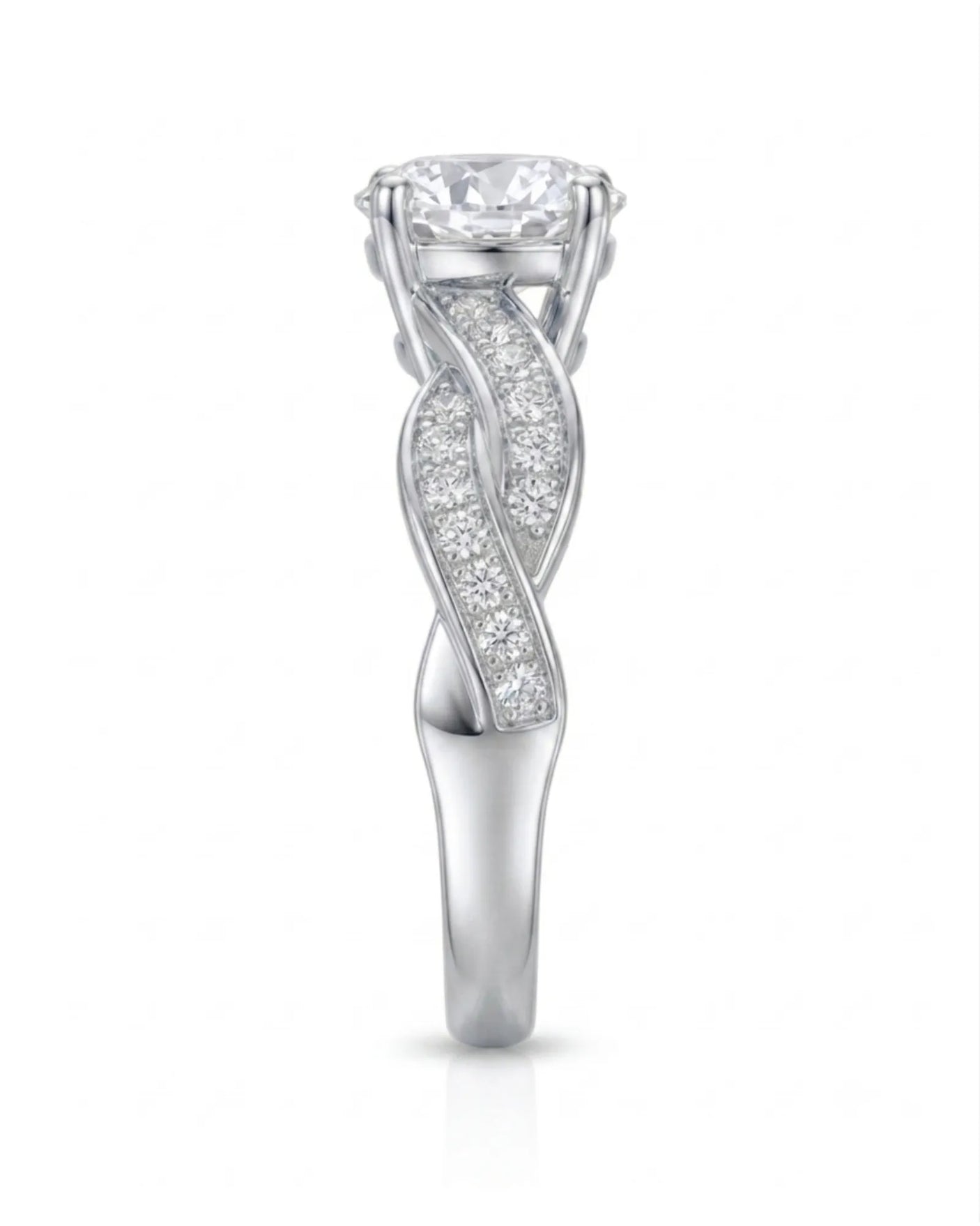 Luxury moissanite solitaire ring with interwoven pavé detailing and 18K white gold craftsmanship | SARATTI