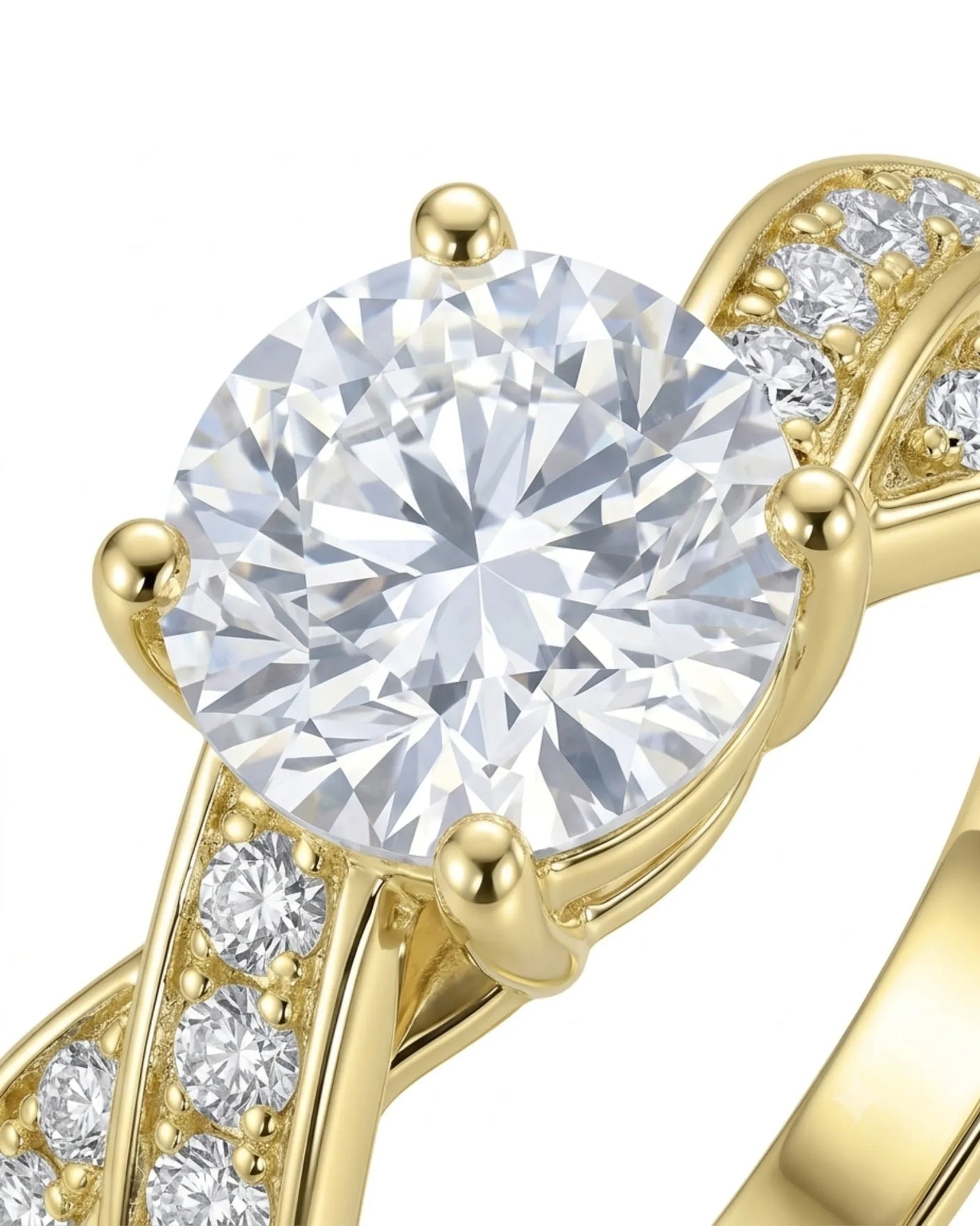 Luxury moissanite solitaire ring with interwoven pavé detailing and 18K yellow gold craftsmanship | SARATTI