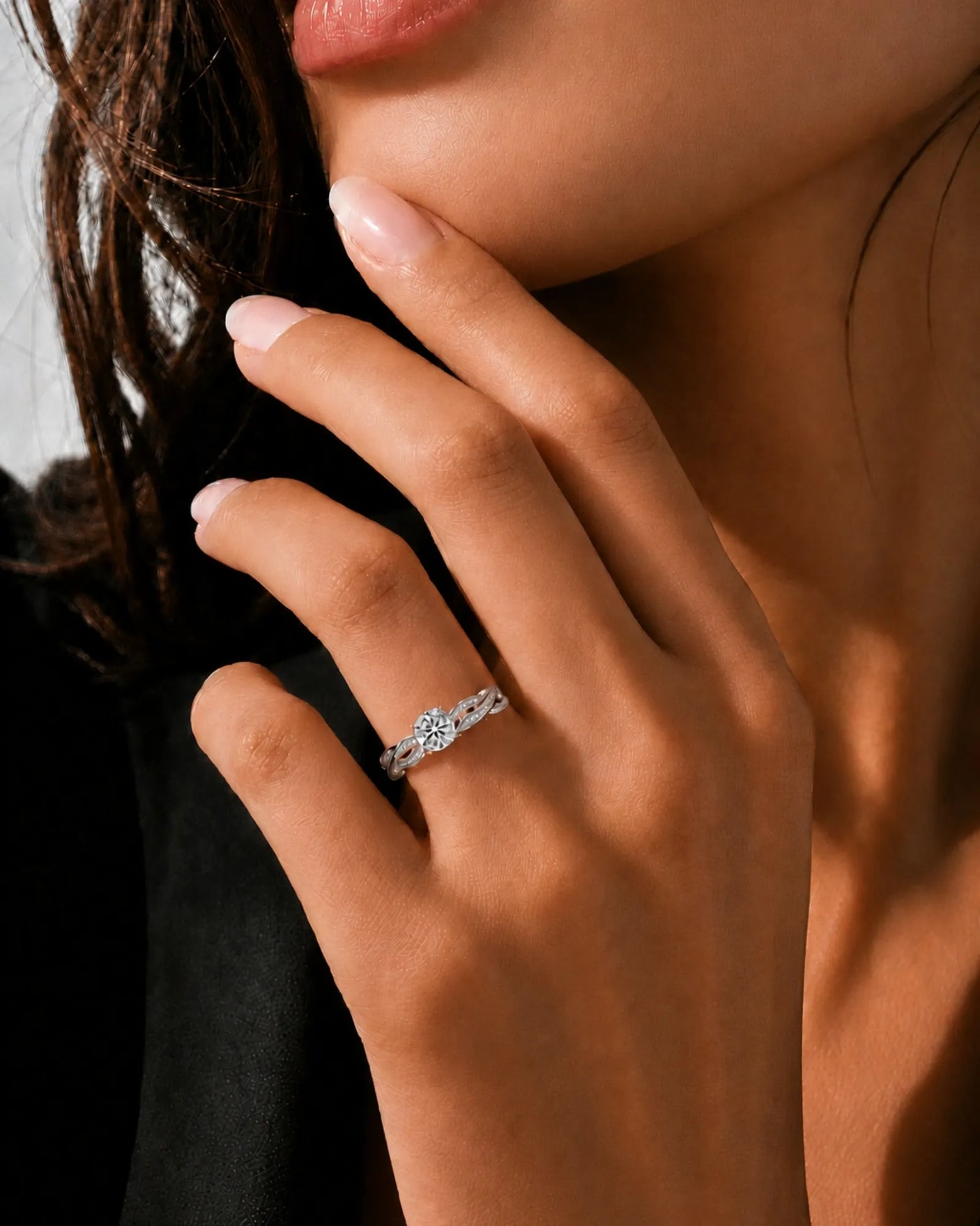 Luxury moissanite solitaire ring with interwoven pavé detailing and enduring platinum craftsmanship - SARATTI