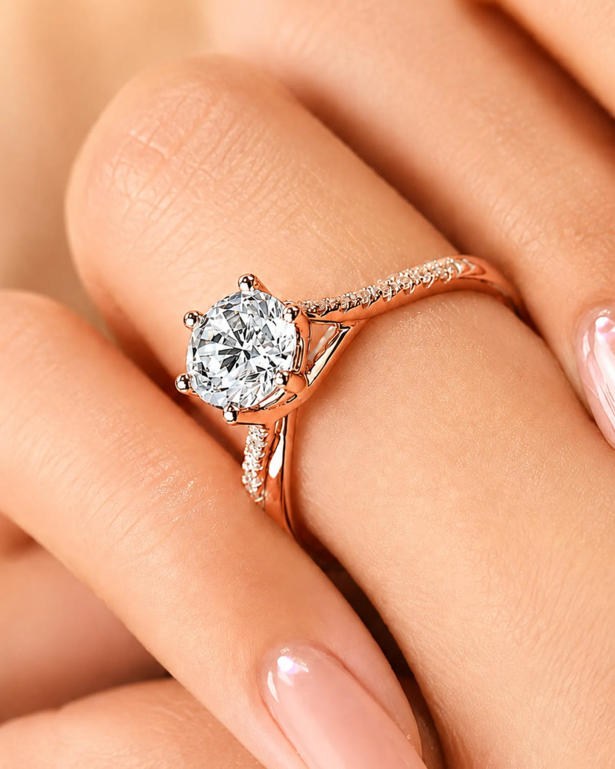 Luxury natural diamond ring with round center stone and rose gold pavé band | SARATTI