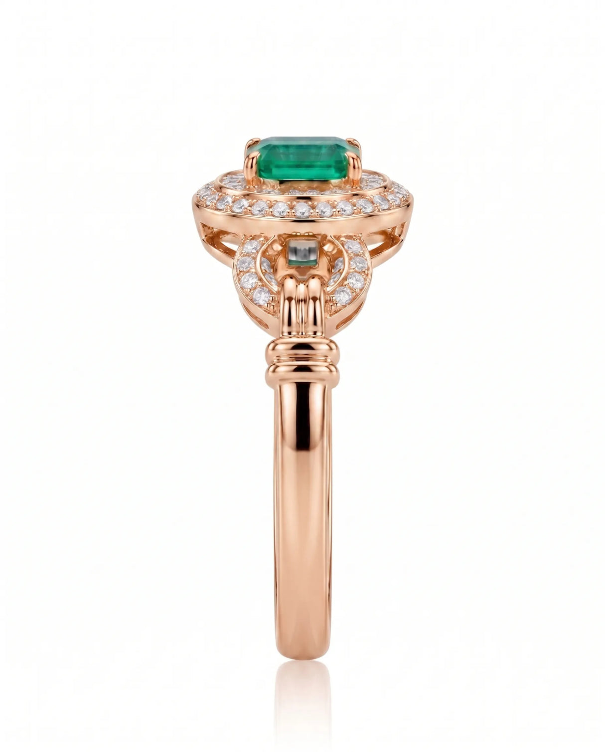 Luxury natural emerald halo ring in 18K Rose Gold with natural diamonds | SARATTI