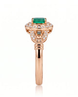 Luxury natural emerald halo ring in 18K Rose Gold with natural diamonds | SARATTI