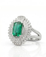Luxury natural emerald ring with diamond halo in Platinum | SARATTI