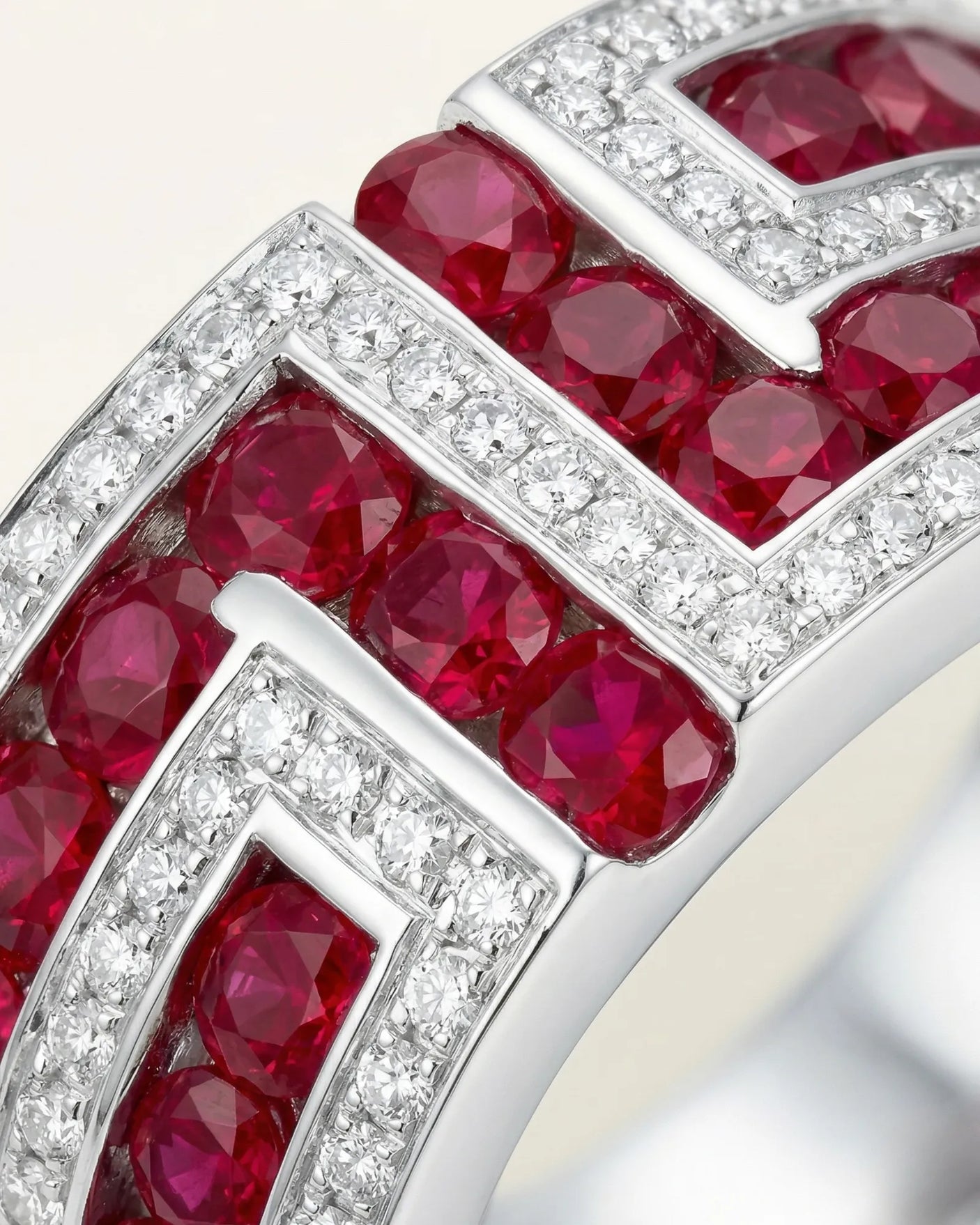 Luxury natural ruby diamond band ring in 18K white gold side profile clean finish | SARATTI