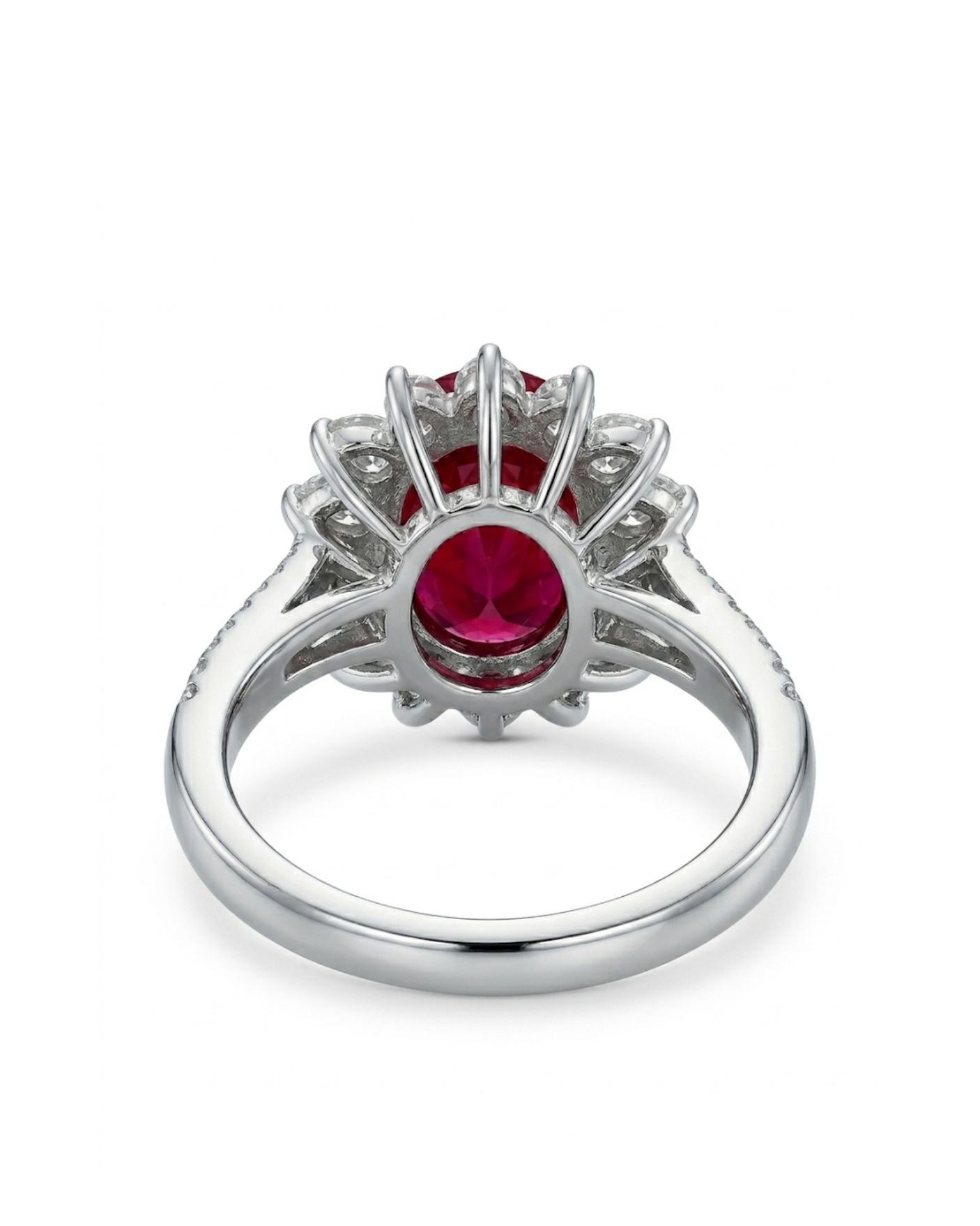 Luxury natural ruby diamond ring in 18K White Gold with floral design | SARATTI