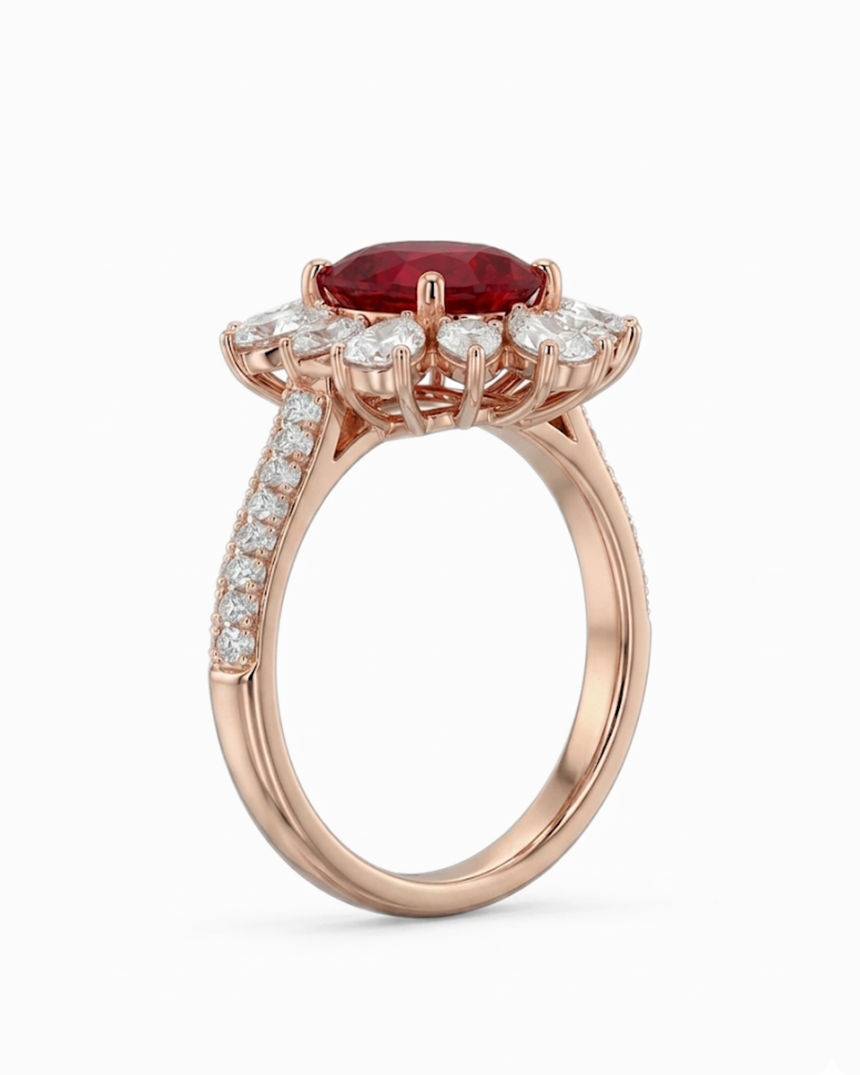 Luxury natural ruby diamond ring in 18K Yellow Gold with floral design | SARATTI