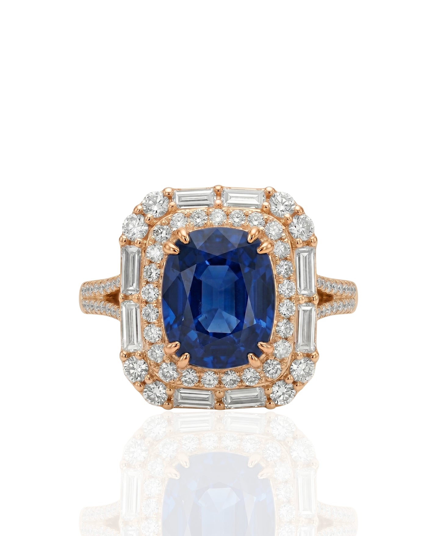 Luxury natural sapphire halo ring with baguette diamond accents in 18K Rose Gold | SARATTI