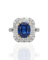 Luxury natural sapphire halo ring with baguette diamond accents in 18K White Gold | SARATTI