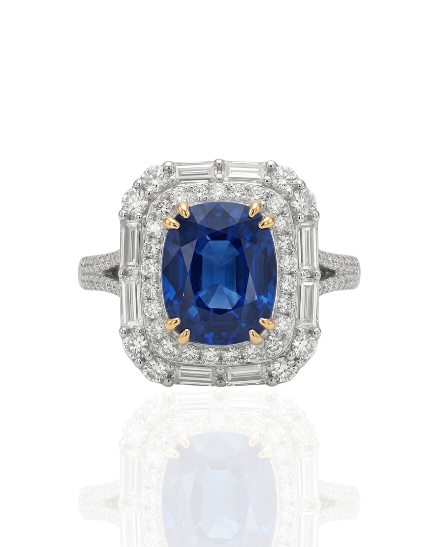 Luxury natural sapphire halo ring with baguette diamond accents in 18K White Gold | SARATTI