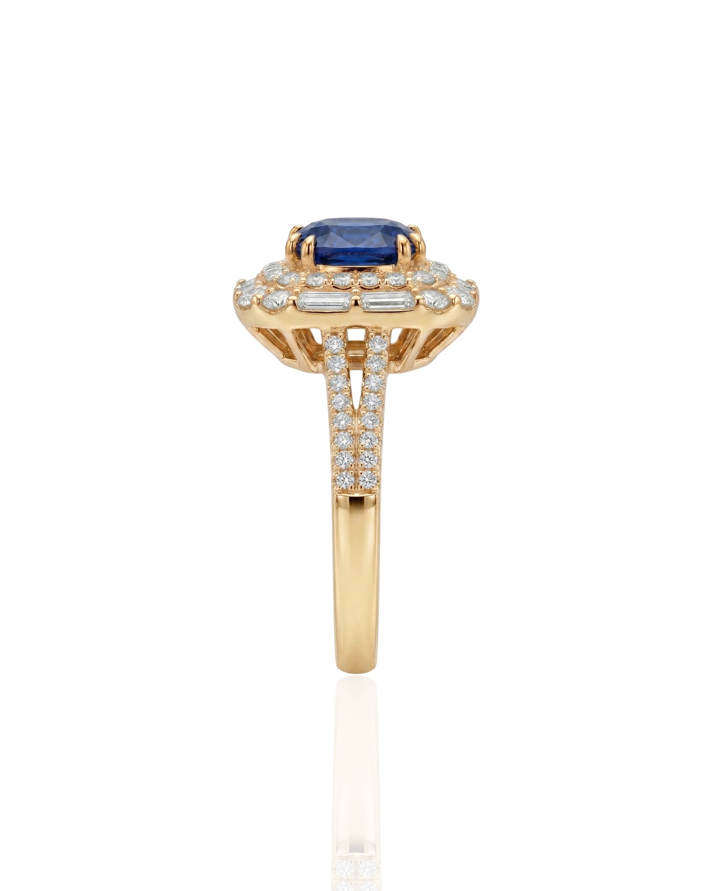 Luxury natural sapphire halo ring with baguette diamond accents in 18K Yellow Gold | SARATTI