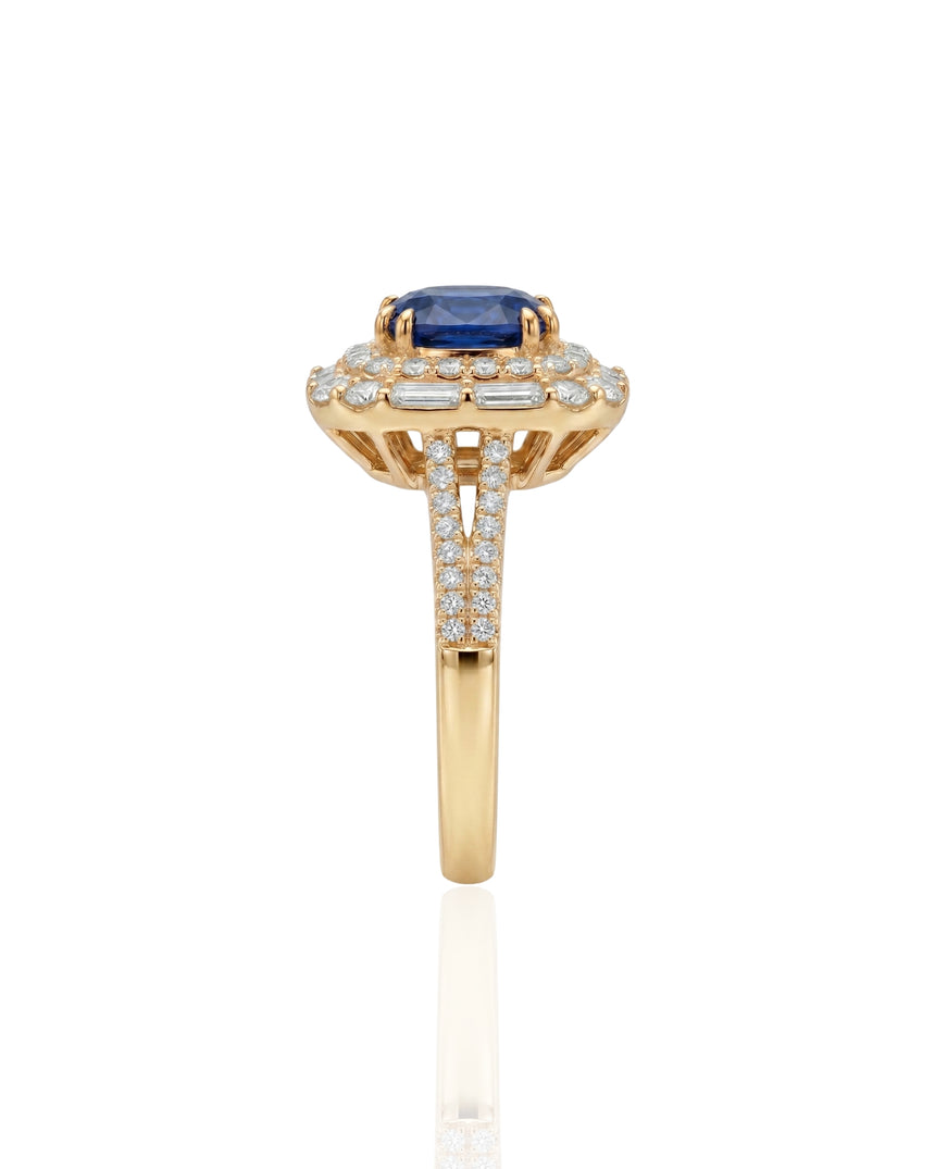 Luxury natural sapphire halo ring with baguette diamond accents in 18K Yellow Gold | SARATTI