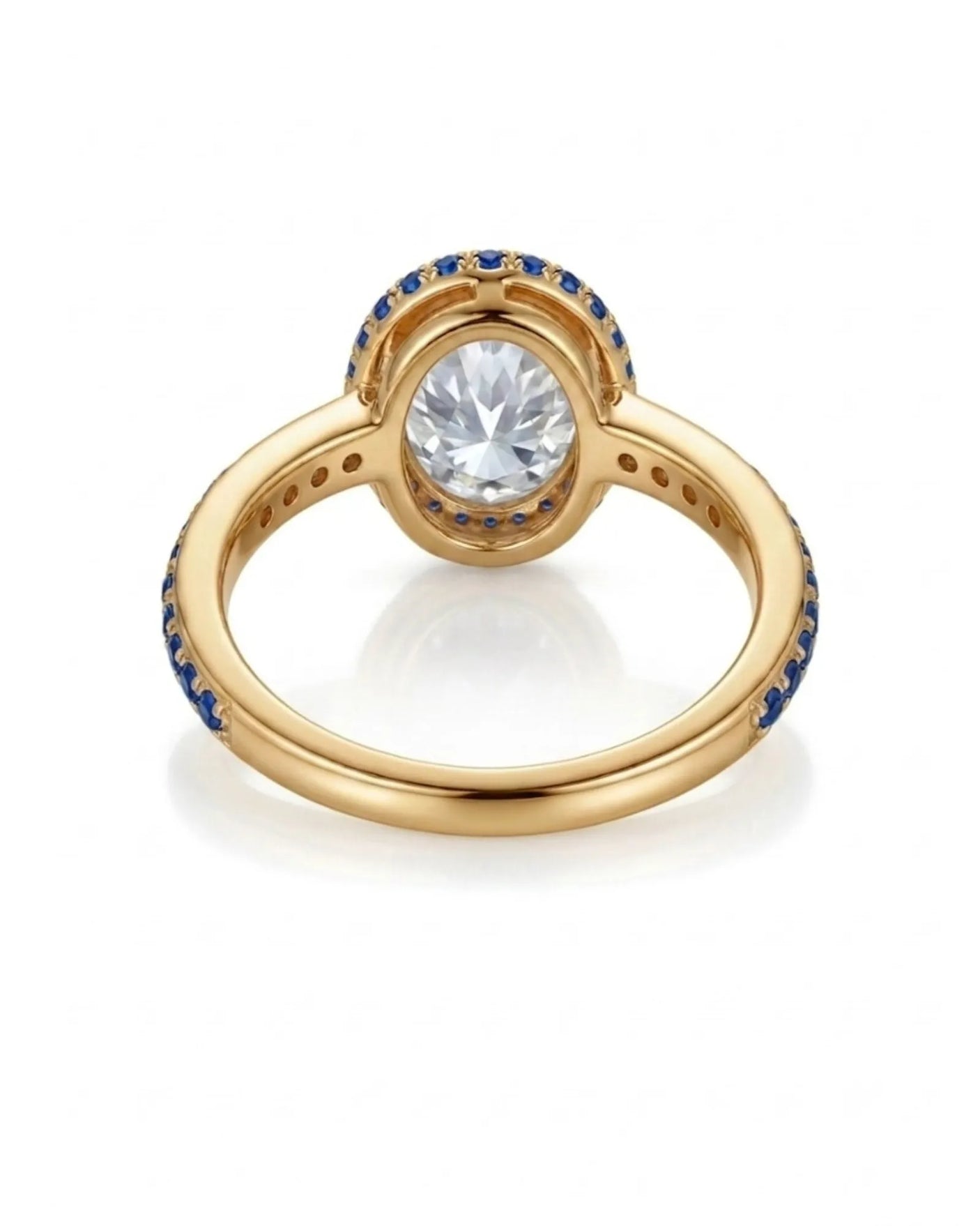 Luxury oval diamond and sapphire halo ring with gemstone-set 18K yellow gold band - SARATTI