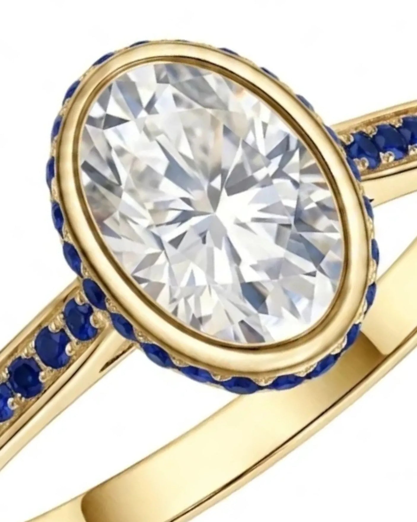 Luxury oval diamond and sapphire halo ring with gemstone-set 18K yellow gold band | SARATTI