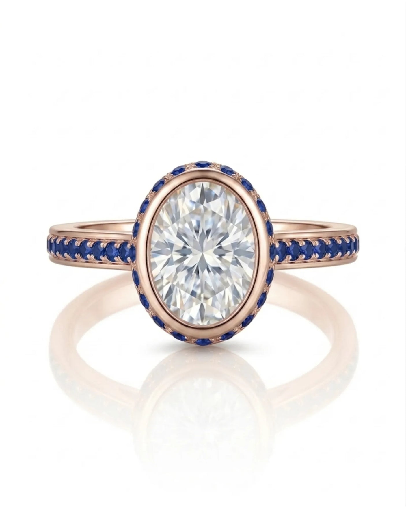Luxury oval diamond and sapphire ring with slim gemstone-set 18K rose gold band - SARATTI