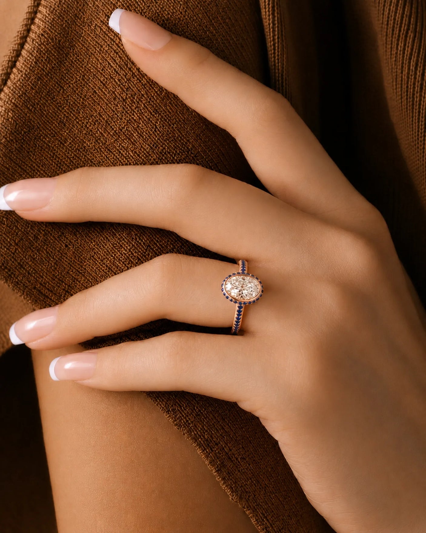 Luxury oval diamond and sapphire ring with slim gemstone-set 18K rose gold band | SARATTI