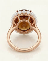 Luxury oval gemstone ring pairing natural Imperial Topaz, pearls, and premium 18K rose gold - SARATTI