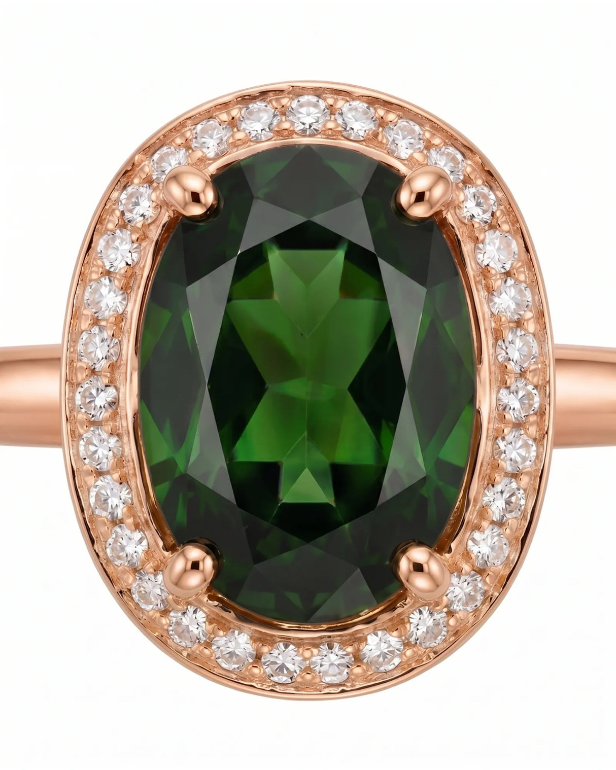Luxury oval green tourmaline ring with diamond halo in 18K rose gold | SARATTI