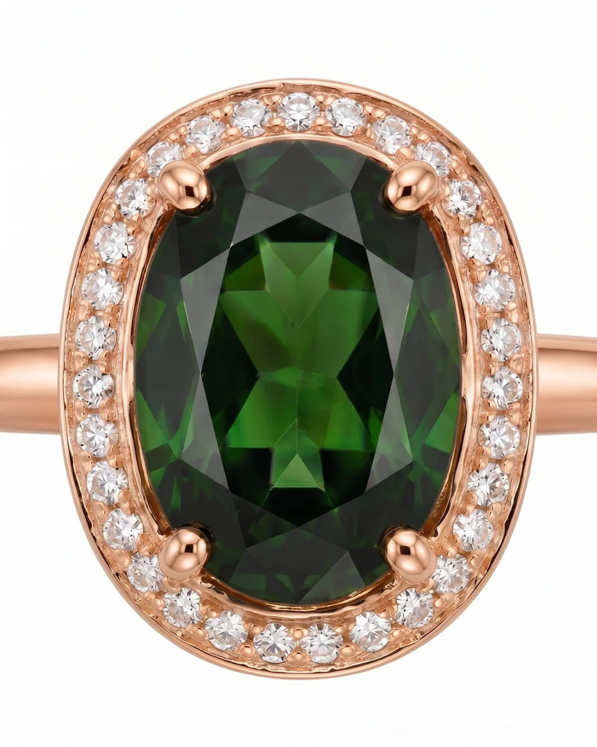 Luxury oval green tourmaline ring with diamond halo in 18K rose gold | SARATTI